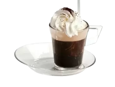 Taza de café expreso con plato transparente de policarbonato muy resistente. Apto para electrodomésticos.