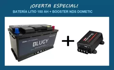 Pack Batería de Litio compacta Blugy 150AH +  Booster NDS DOMETIC Powerservice PSB 12V 40A / 60A / 80A para autocaravana y camper.